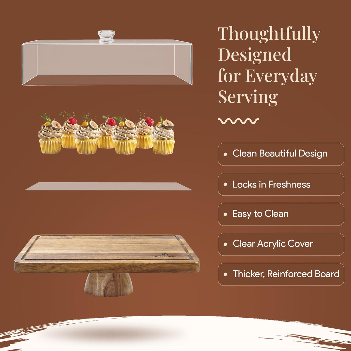 HOMESPHERE Acacia Wood Cake Stand with Lid - Rectangular Cake Holder, 2-in-1 Dessert Table Display Set & Charcuterie Board for Cheese, Chips, Fruit Platter, Large Acrylic Cake Dome Cover, No Glass 🍁 All In One Marketplace Canada