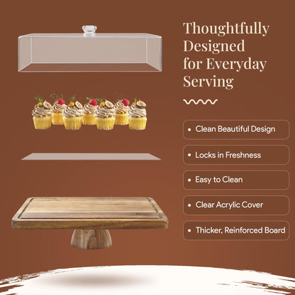 HOMESPHERE Acacia Wood Cake Stand with Lid - Rectangular Cake Holder, 2-in-1 Dessert Table Display Set & Charcuterie Board for Cheese, Chips, Fruit Platter, Large Acrylic Cake Dome Cover, No Glass 🍁 All In One Marketplace Canada