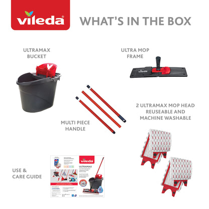 Vileda Ultramax Flat Mop and Bucket Set with 1 Extra Refill | Multi-Piece Handle | Perfect Mop for Walls and Ceilings | Machine-Washable Mop Head Vileda