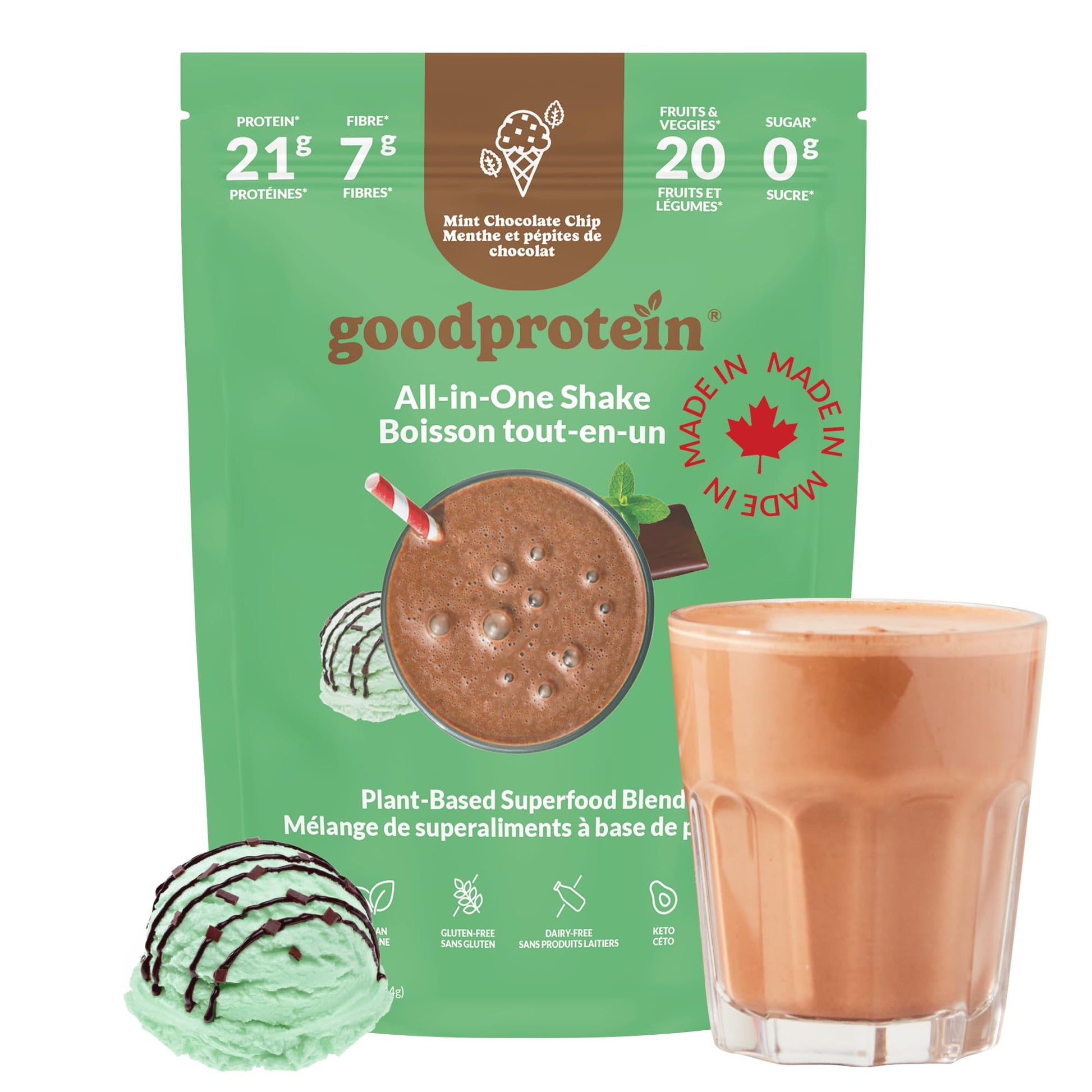 Good Protein Vegan Plant-based Protein Powder 100% Natural, Non-GMO, Dairy-free, Gluten-free, Soy-free, No Added Sugar and Nothing Artificial. Mint Chocolate Chip All-in-One Shake 440 grams