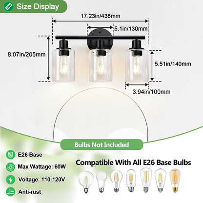 3-Light Bathroom Light Fixtures, Black Bathroom Wall Lights, Modern Bathroom Vanity Light with Clear Glass Shade, Bathroom Wall Lamp for Mirror Kitchen Bedroom Living Room