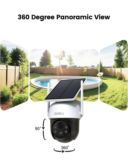 AOSU Solar Camera Security Outdoor - 100% Wire-Free Security Cameras Wireless Outdoor for Home Surveillance with Fixed Solar Panel, 360° View, Human Auto Tracking, 2K Color Night Vision,1 Pack