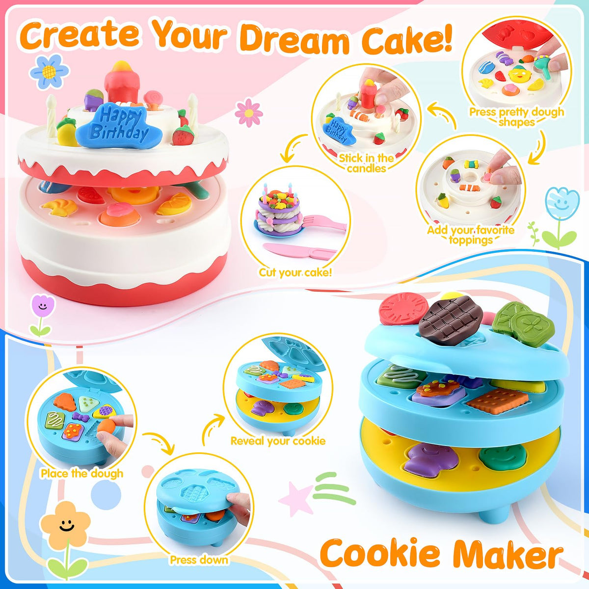 5-in-1 Color Dough Sets for Kids Ages 3+ DIY Food Maker Toys Set with 24 Dough, Arts and Crafts Kit for Pretend Play Ice Cream/Cake/Noodle/Hamburger/Pizza/Baking Set Toys Machines 🍁 All In One Marketplace Canada