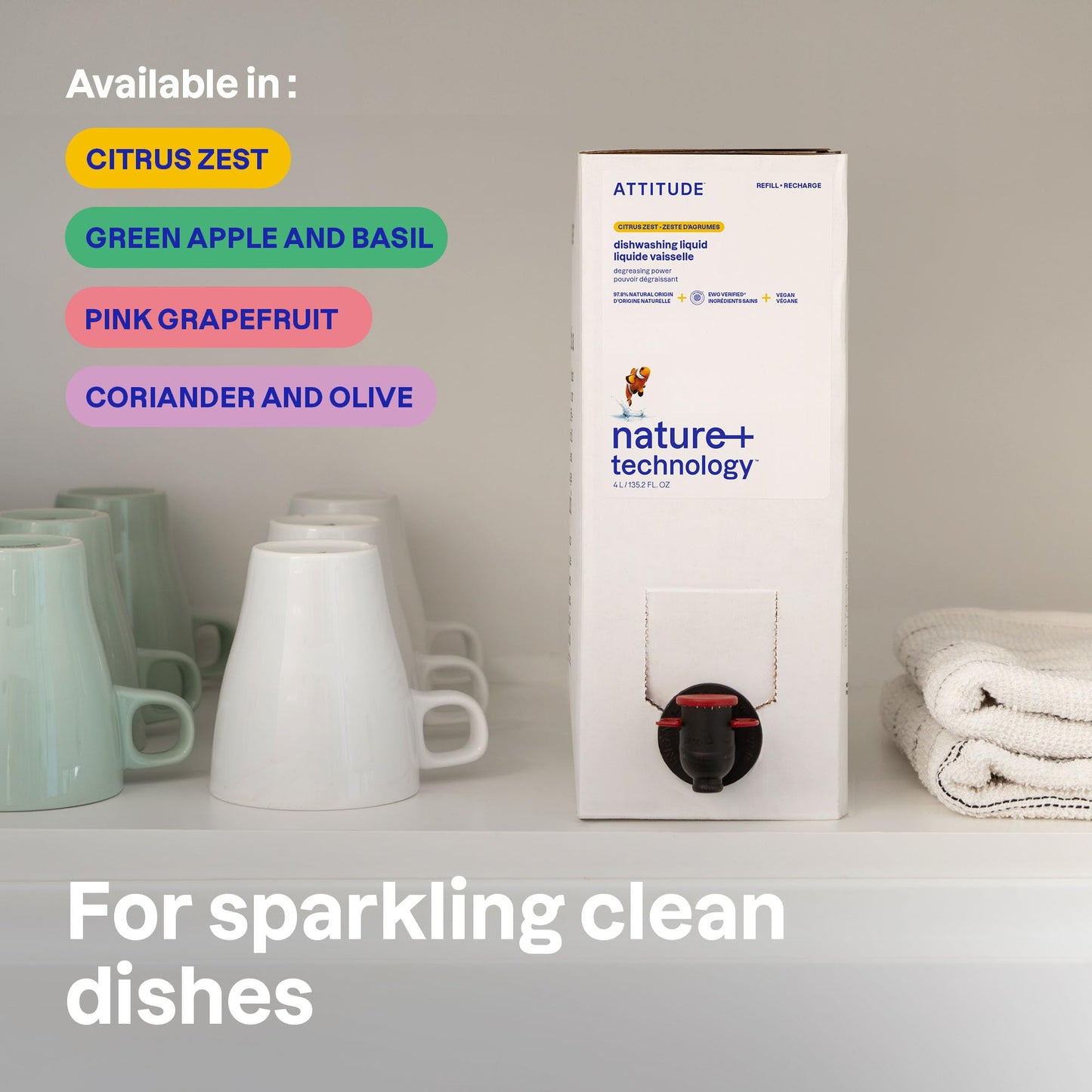 ATTITUDE Dish Soap Refill, EWG Verified, Plant-Based & Vegan Dishwashing Liquid, Naturally Derived, Made in Canada, Pink Grapefruit Scent, 4 Liters 🍁 All In One Marketplace Canada