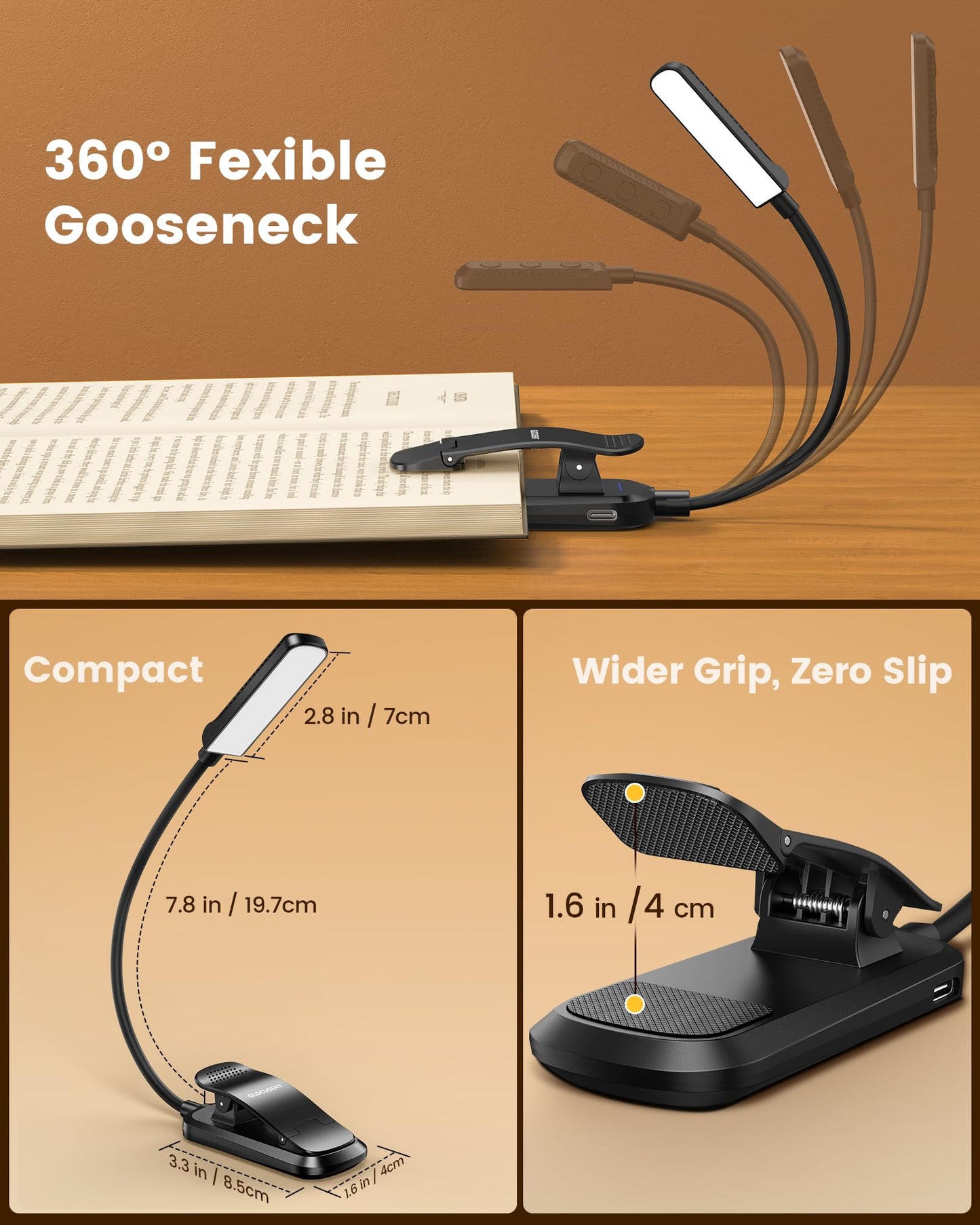 Glocusent 13 LED Book Light for Reading in Bed, Eye-Caring 3 Amber Colors & Stepless Dimming, Travel Clip on Book Reading Light Lasts 1 Week to 2 Months, Gifts for Book Lovers, Men, Women & Kids - Available at All In One Marketplace Canada