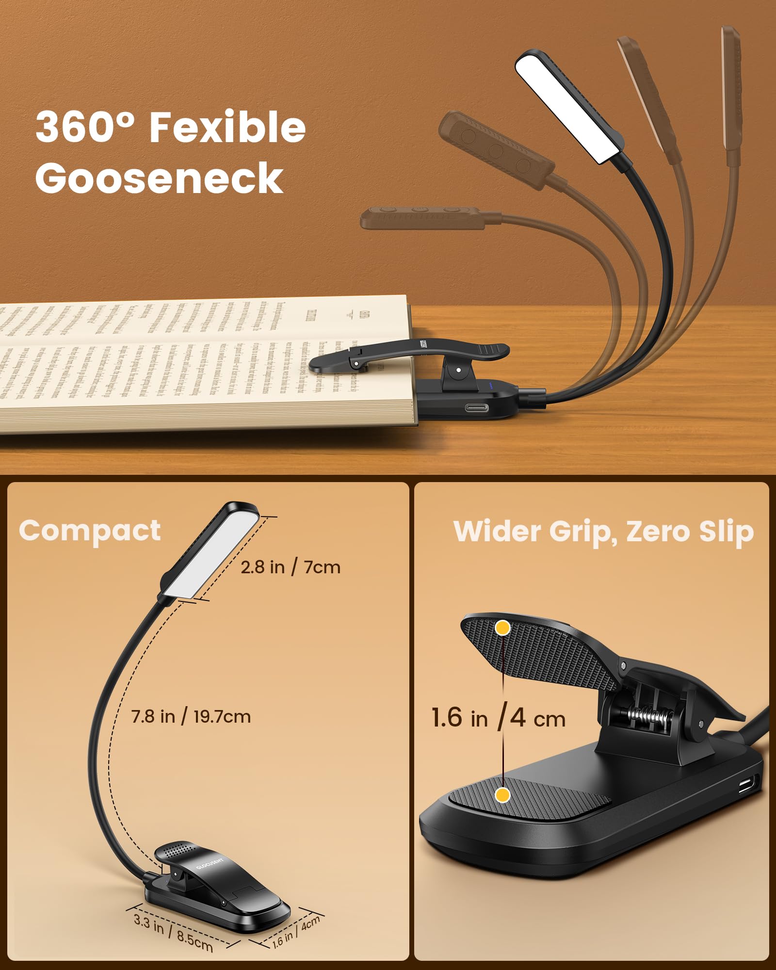Glocusent 13 LED Book Light for Reading in Bed, Eye-Caring 3 Amber Colors & Stepless Dimming, Travel Clip on Book Reading Light Lasts 1 Week to 2 Months, Gifts for Book Lovers, Men, Women & Kids - Available at All In One Marketplace Canada