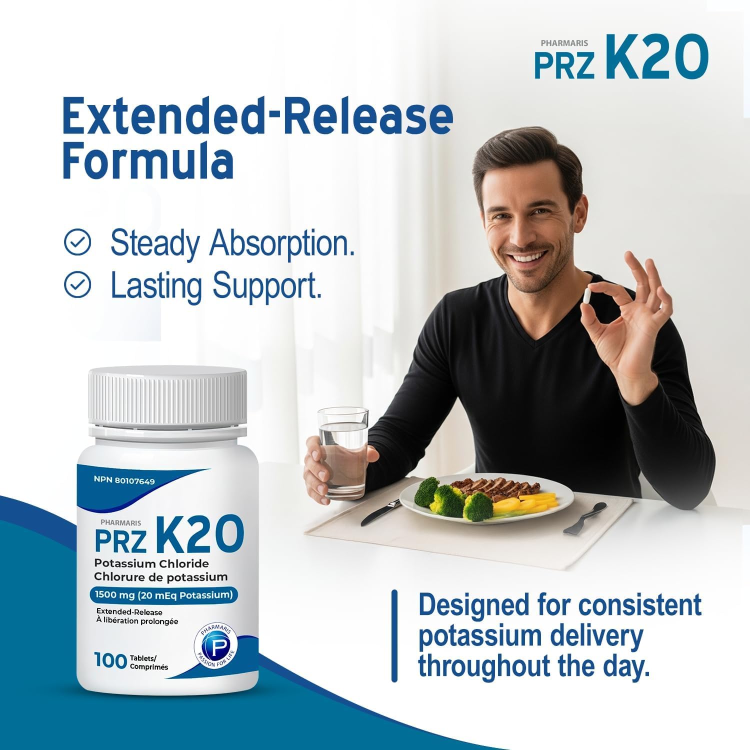 Pharmaris K-20 Potassium Chloride 1500mg Extended Release Tablets, Provides 20 mEq Potassium, Electrolyte Replenisher for Hypokalemia Treatment, Daily Use Supplement, 100 Tablets - Available at All In One Marketplace Canada