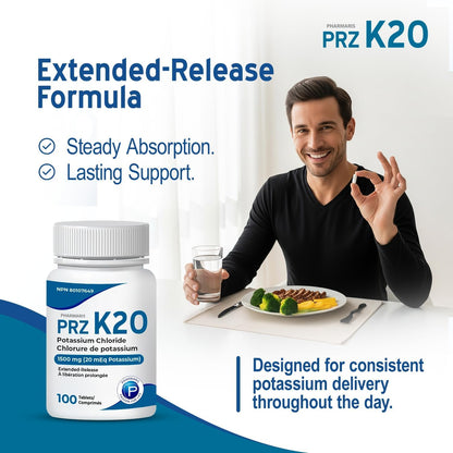 Pharmaris K-20 Potassium Chloride 1500mg Extended Release Tablets, Provides 20 mEq Potassium, Electrolyte Replenisher for Hypokalemia Treatment, Daily Use Supplement, 100 Tablets - Available at All In One Marketplace Canada