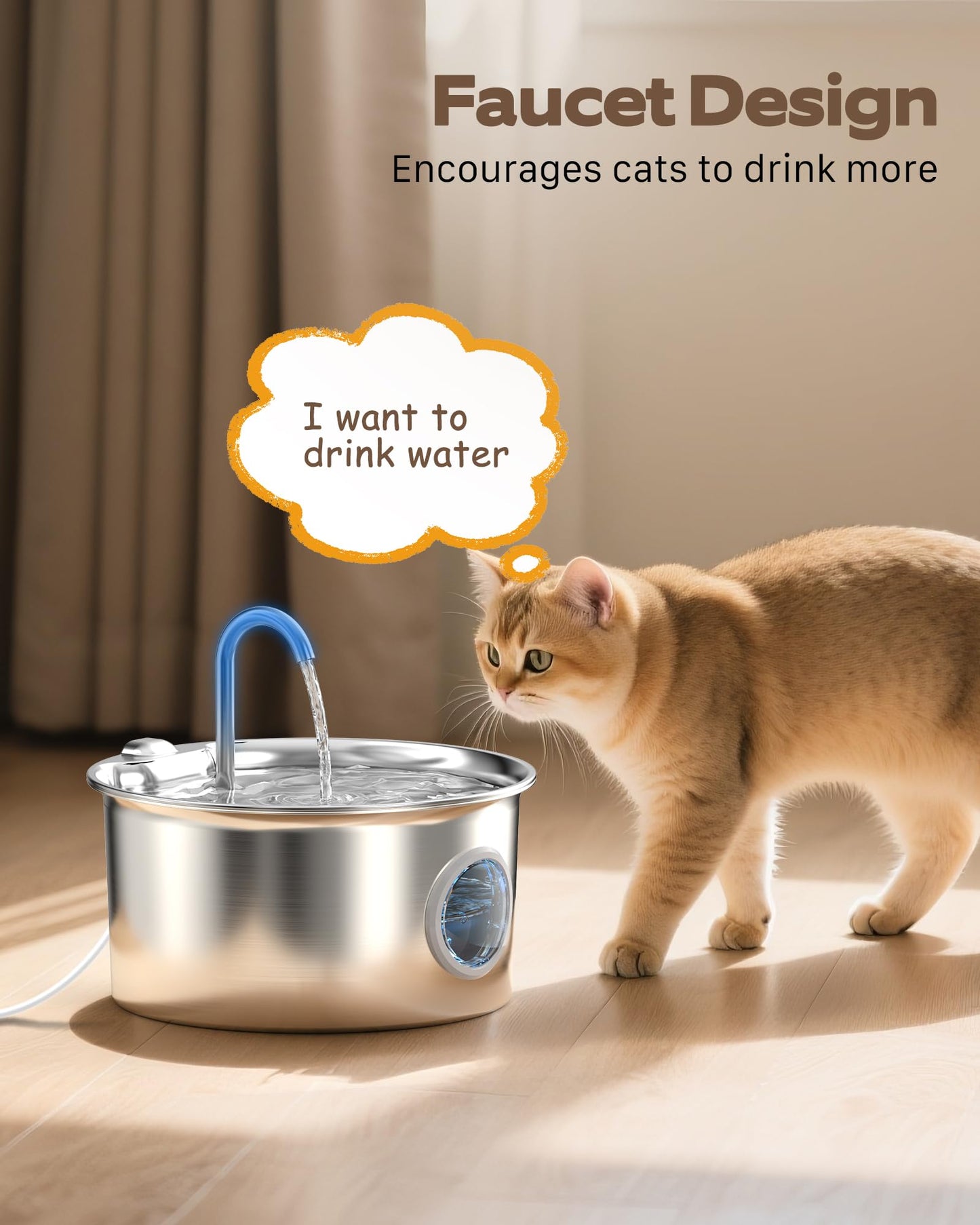 Cat Water Fountain Stainless Steel: Cat Fountain for Drinking - 2.6L Pet Water Fountain Indoor Cats - Quiet Pets Waterer - Cats Water Dispenser - for Small Animals