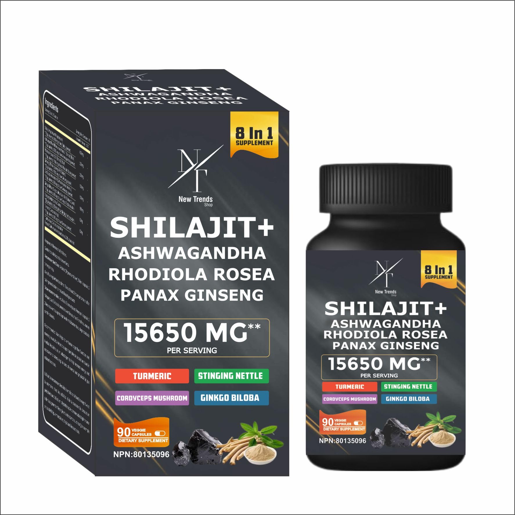 8-in-1 Shilajit Himalayan Organic Supplement with Shilajit 9000, Ashwagandha 2000MG, Rhodiola Rosea 1000MG, Panax Ginseng 1500MG, Cordyceps Mushroom 500MG, Gingko Biloba 500MG, Stinging Nettle 250MG, Turmeric (15,250 MG - 90 Caps) - Available at All In One Marketplace Canada