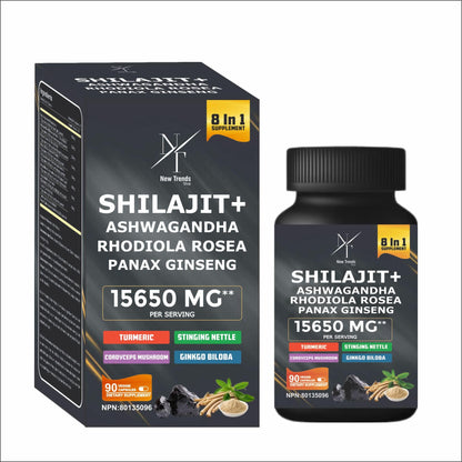 8-in-1 Shilajit Himalayan Organic Supplement with Shilajit 9000, Ashwagandha 2000MG, Rhodiola Rosea 1000MG, Panax Ginseng 1500MG, Cordyceps Mushroom 500MG, Gingko Biloba 500MG, Stinging Nettle 250MG, Turmeric (15,250 MG - 90 Caps) - Available at All In One Marketplace Canada