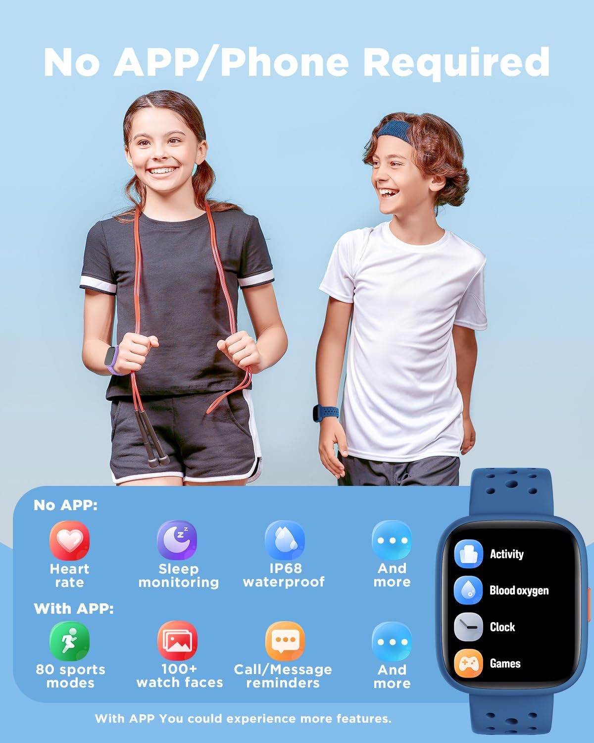 BIGGERFIVE Smart Watch for Kids, 1.8" Fitness Tracker Watch Pedometer, Heart Rate, Sleep Monitor, IP68 Waterproof, Calorie Step Counter, Puzzle Games with/Without APP for Girls Boys Teens 5-16, Blue