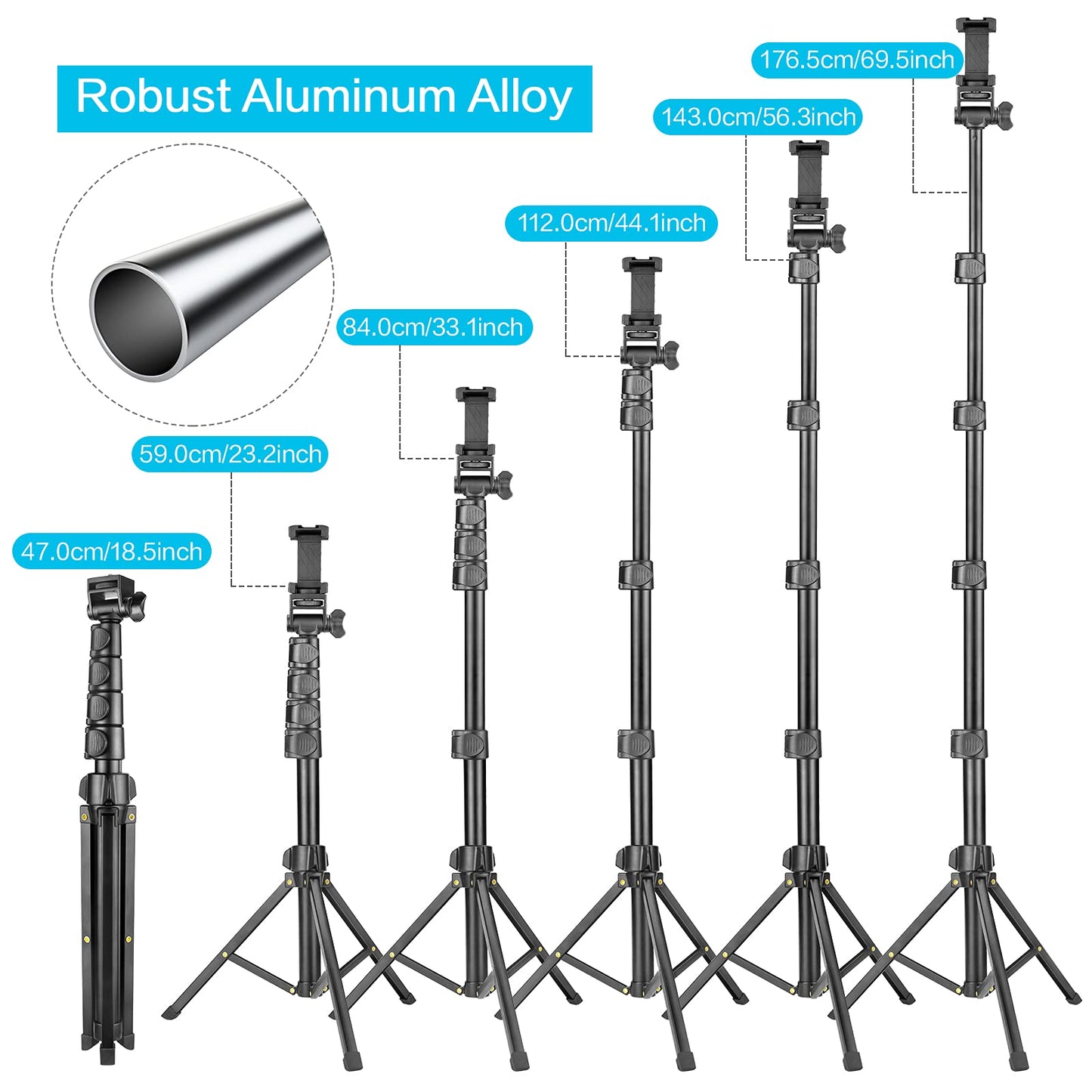 YOTOCversion 1.7 Meter/67 inch Phone Tripod Stand & Bluetooth Selfie Stick Tripod, Cellphone Tripod with Bluetooth Remote, Compatible with iPhone 16/15/14/13/12/12 pro/11/11pro/8