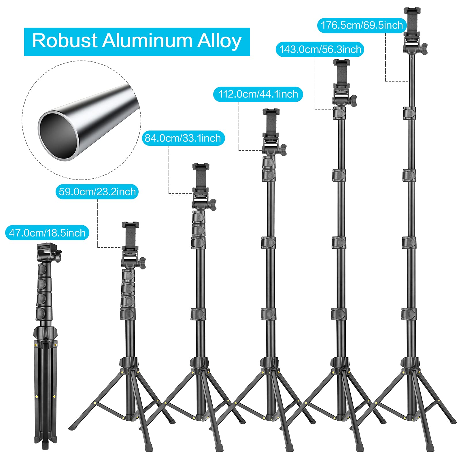 YOTOCversion 1.7 Meter/67 inch Phone Tripod Stand & Bluetooth Selfie Stick Tripod, Cellphone Tripod with Bluetooth Remote, Compatible with iPhone 16/15/14/13/12/12 pro/11/11pro/8