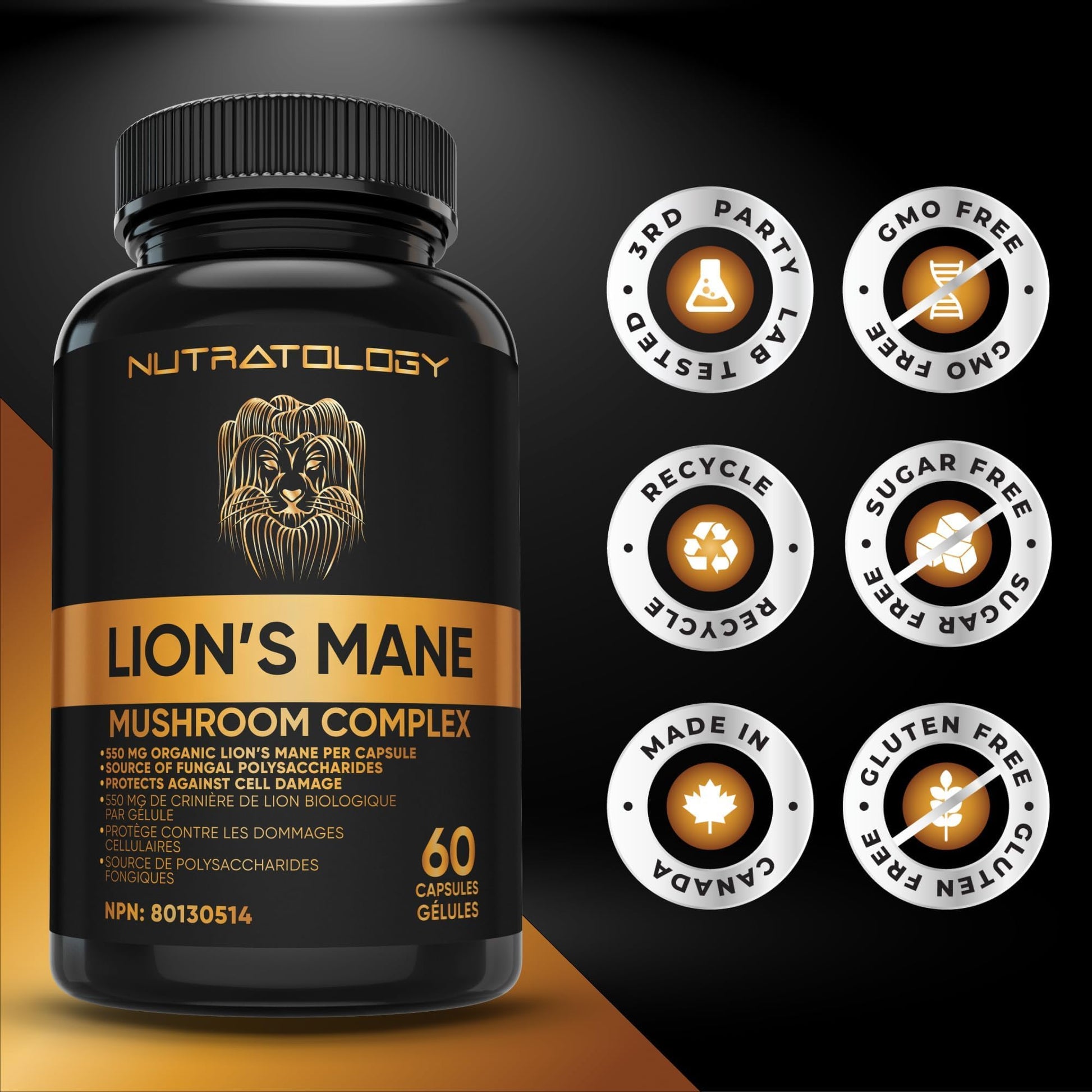 Nutratology® Organic Lion's Mane Mushroom Capasules - Nootropic Functional Mushroom Supplements Made With 40% Polysaccharides & >20% Beta-Glucan | Supports Memory, Cognition & Brain Health - 60 Count - Available at All In One Marketplace Canada