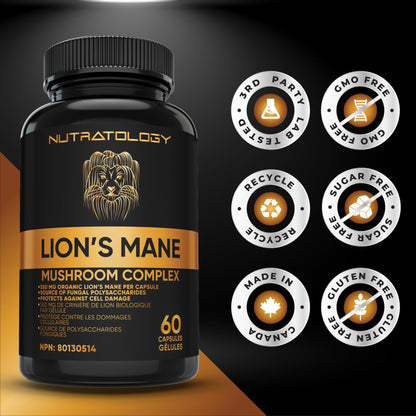 Nutratology® Organic Lion's Mane Mushroom Capasules - Nootropic Functional Mushroom Supplements Made With 40% Polysaccharides & >20% Beta-Glucan | Supports Memory, Cognition & Brain Health - 60 Count - Available at All In One Marketplace Canada