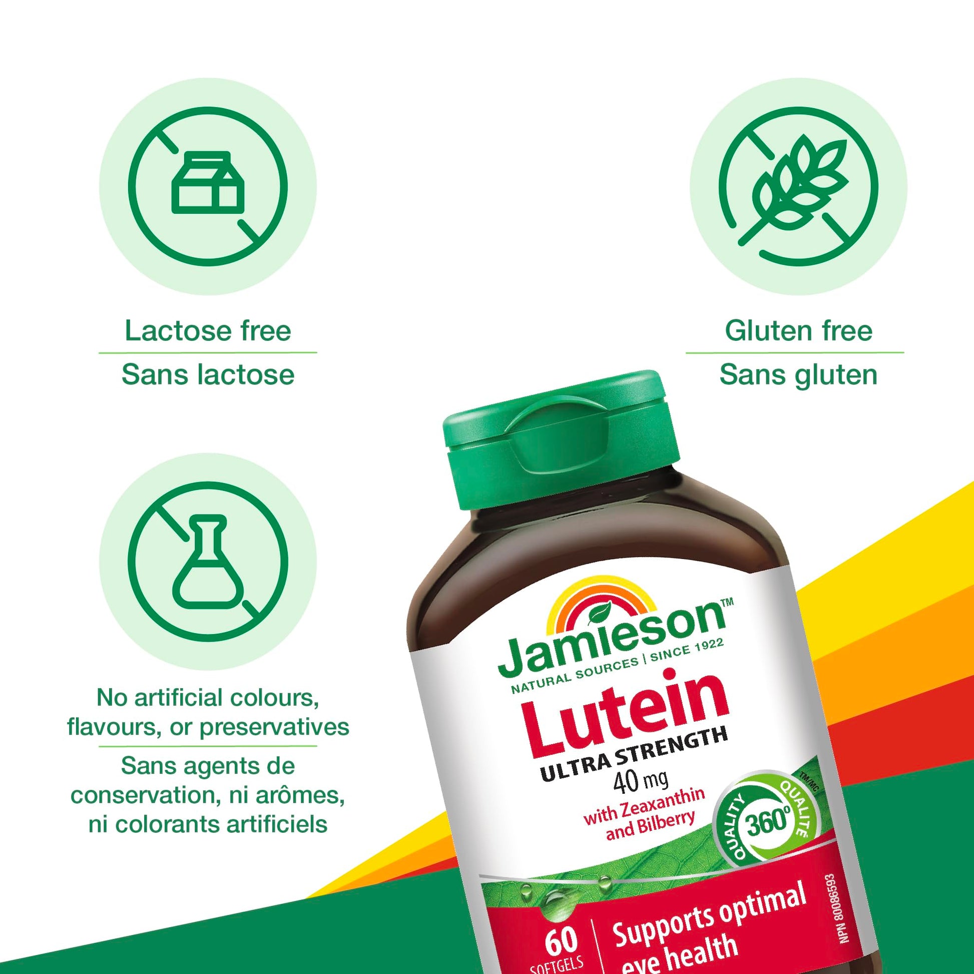 Jamieson Ultra Strength Lutein 40 mg, with Zeaxanthin and Bilberry, Supports Eye Health, and Helps Reduce the Risk of Developing Cataracts. Non-GMO, Gluten-Free, 60 Softgels, Proudly Canadian - Available at All In One Marketplace Canada