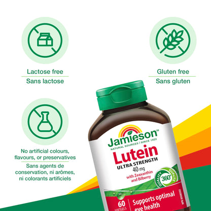 Jamieson Ultra Strength Lutein 40 mg, with Zeaxanthin and Bilberry, Supports Eye Health, and Helps Reduce the Risk of Developing Cataracts. Non-GMO, Gluten-Free, 60 Softgels, Proudly Canadian - Available at All In One Marketplace Canada
