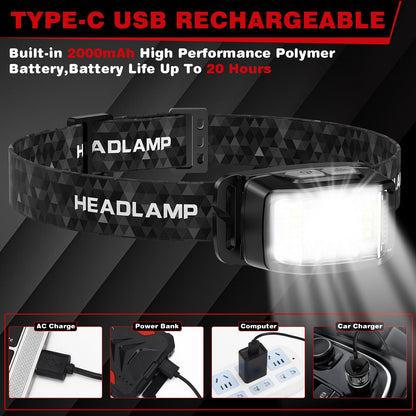 Headlamp Rechargeable 2 Packs,2000 Lumen Super Bright Motion Sensor 16 Modes (Individual Control) LED Headlamp,Waterproof Lightweight Flashlight Hard Hat Light for Outdoor Camping Fishing Running - Available at All In One Marketplace Canada