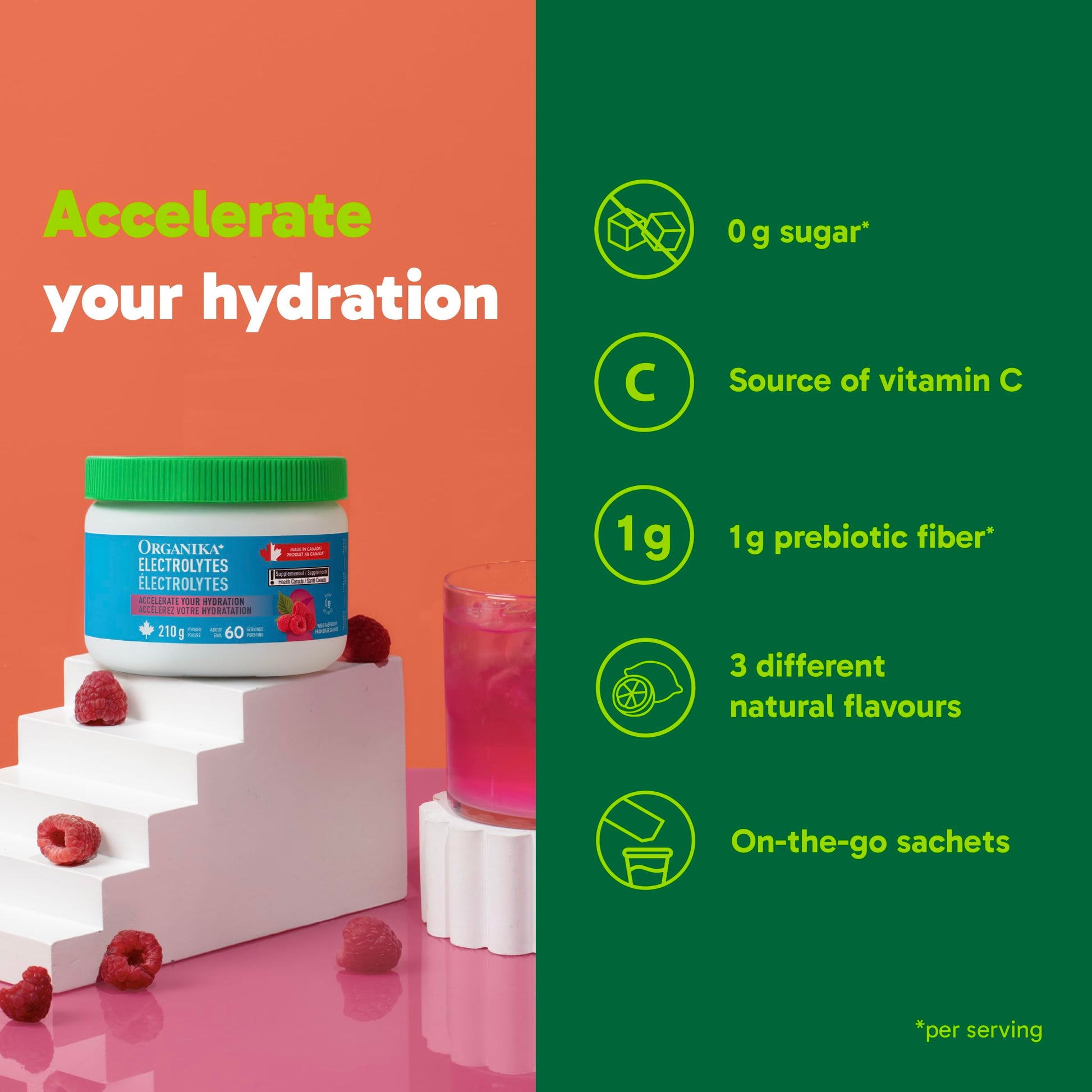 Organika Canadian-Made Electrolytes Powder with Vitamin C & Prebiotic Fibre - Sugar-Free Hydration Drink Mix - Wild Raspberry - 210 g - 60 servings