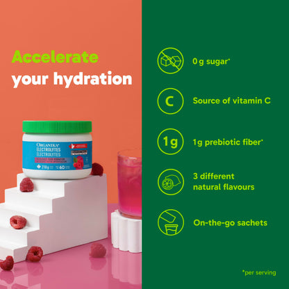 Organika Canadian-Made Electrolytes Powder with Vitamin C & Prebiotic Fibre - Sugar-Free Hydration Drink Mix - Wild Raspberry - 210 g - 60 servings