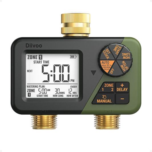 Diivoo 2 Zone Water Timer for Garden Hose, Programmable Sprinkler Hose Timer with Brass Inlet & Outlet, IP66 Waterproof, Rain Delay & Manual Mode for Irrigation, Lawn, Yard - Available at All In One Marketplace Canada