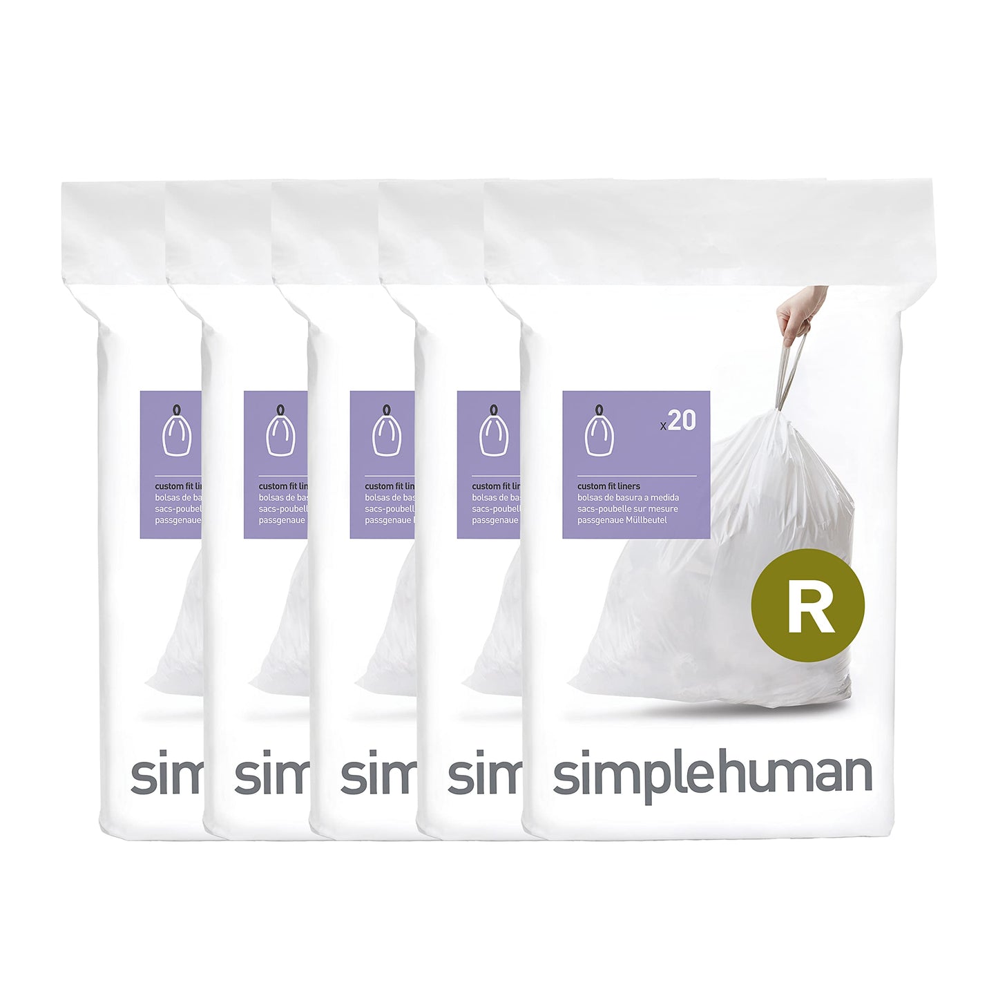 simplehuman Code R 100 Count, Dispenser Pack Custom Fit Liners, Drawstring Trash Bags, 10L / 2.6 Gallons, White simplehuman