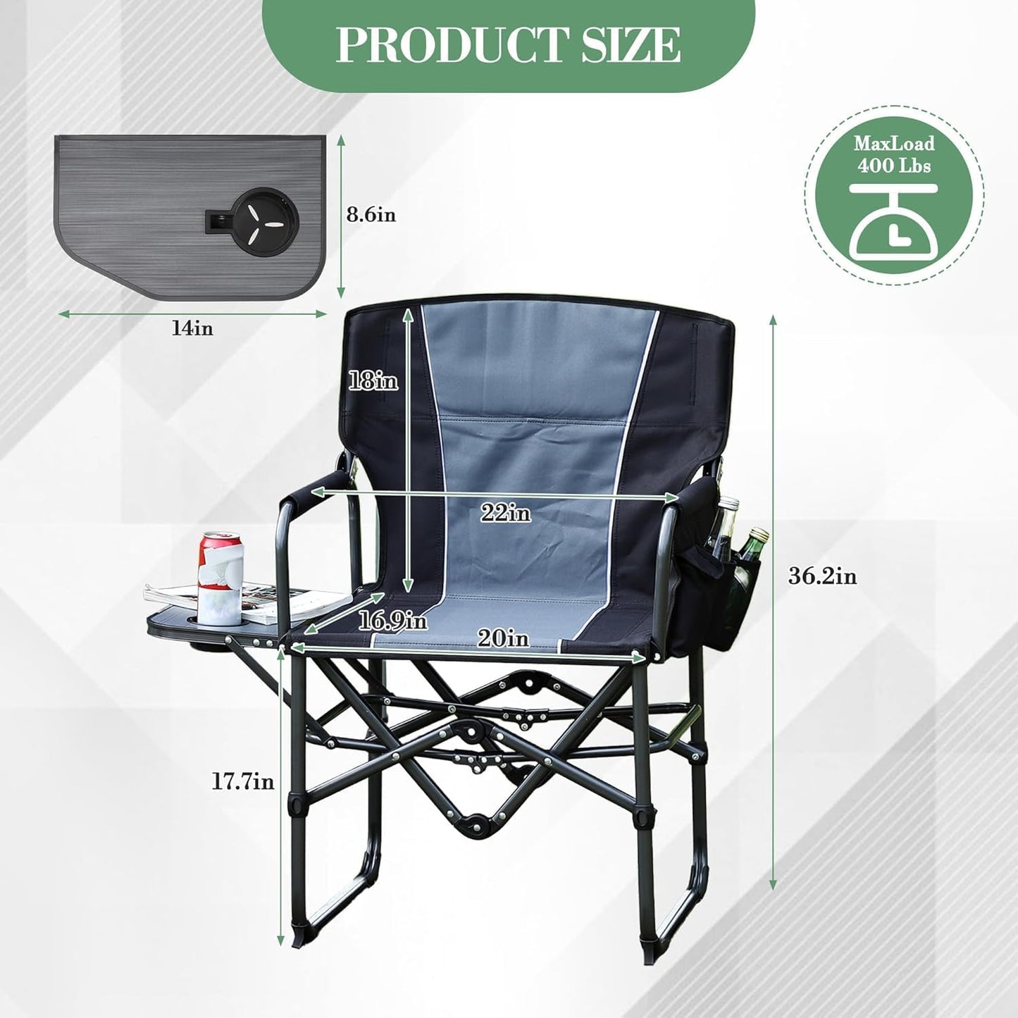 2 Pcs Oversized Heavy Duty Folding Camping Director Chair for Adults – Portable Outdoor Lawn Chair with Side Table, Side Pocket & Cup Holder – Ideal for Camping, Beach, Fishing, Garden, Deck, RV IDEALHOUSE