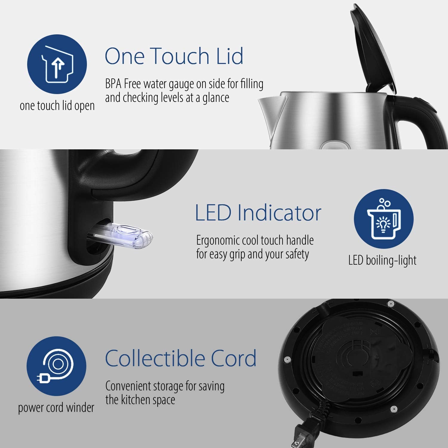 COMFEE' Stainless Steel Electric Kettle, 1.7L Tea Kettle Electric for Boiling Water, Hot Water Kettle 1500W Fast Boil with LED Light, Auto Shut-Off and Boil-Dry Protection COMFEE'