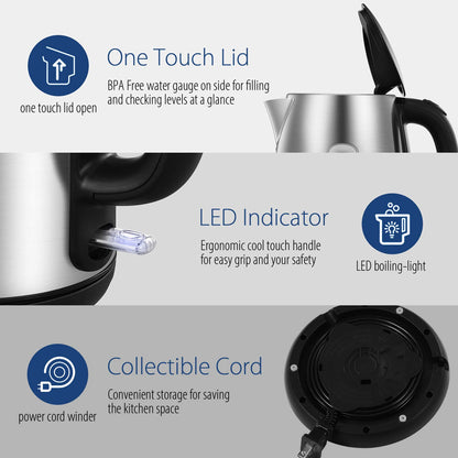 COMFEE' Stainless Steel Electric Kettle, 1.7L Tea Kettle Electric for Boiling Water, Hot Water Kettle 1500W Fast Boil with LED Light, Auto Shut-Off and Boil-Dry Protection COMFEE'