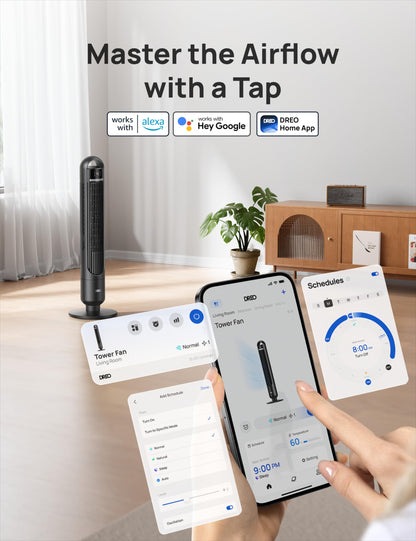 DREO Smart Tower Fan for Bedroom, 90° Oscillating Standing Fans for Room with 4 Speeds, 4 Modes, 25dB Quiet for Sleep, 25ft/s Velocity, 8H Timer, Remote/App/Voice Control for Living Room, Office, Home