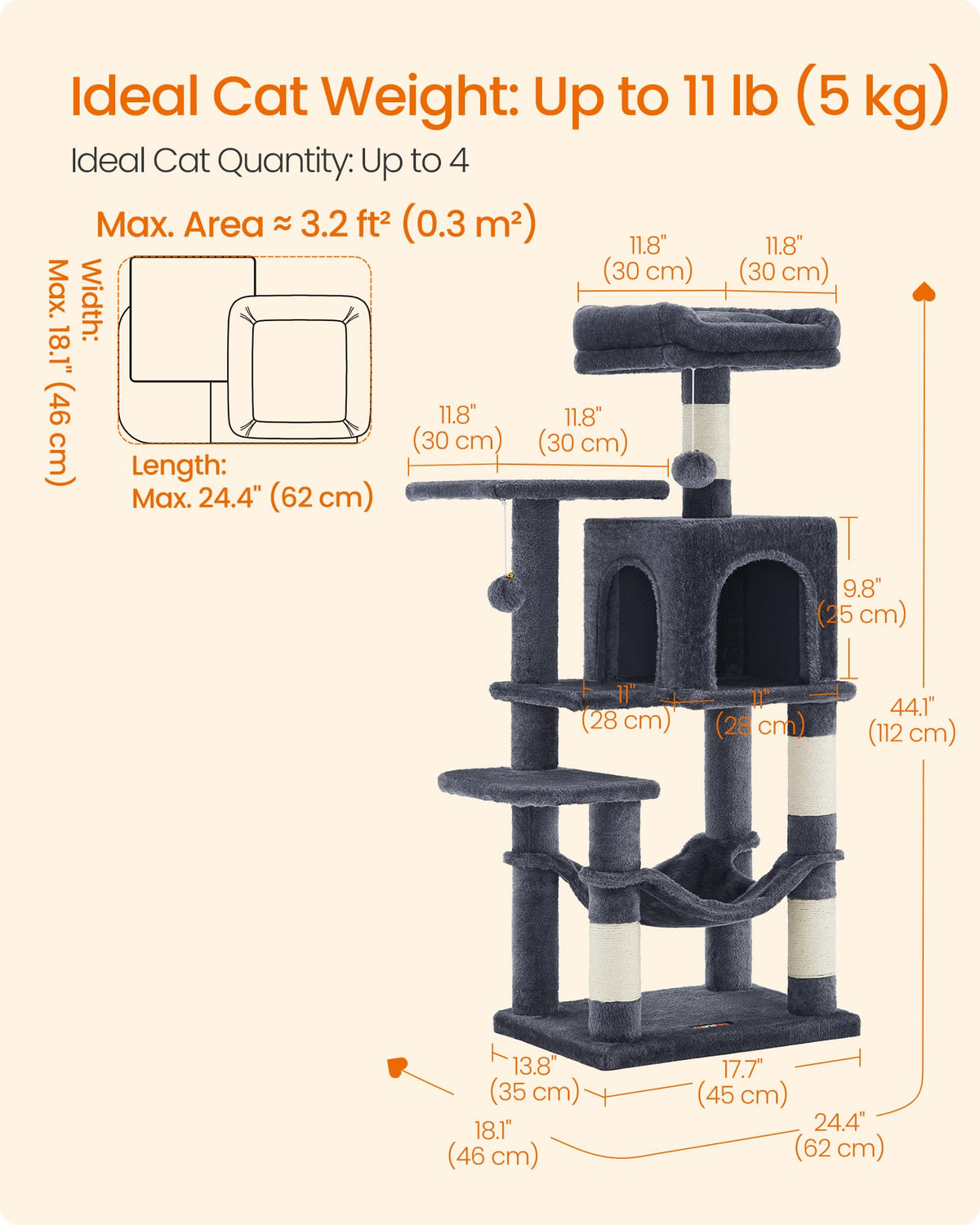 Feandrea Cat Tree Tower, 112 cm, 2 Perches, Hammock, Smoky Gray