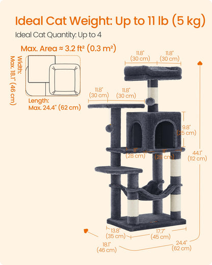 Feandrea Cat Tree Tower, 112 cm, 2 Perches, Hammock, Smoky Gray