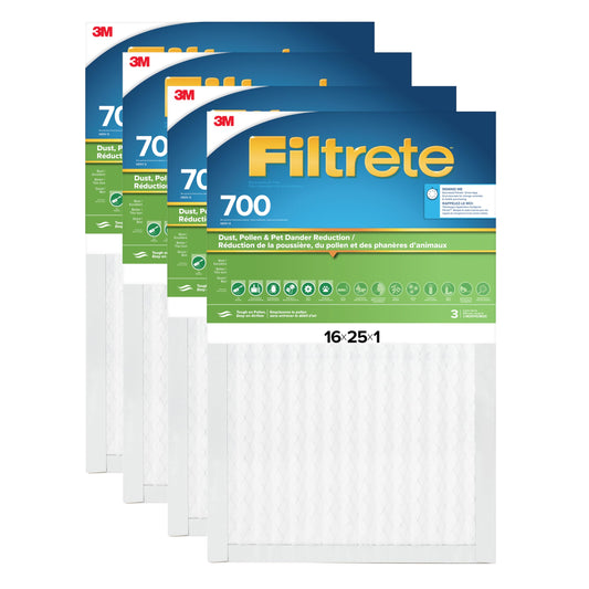 Filtrete 16x25x1 AC Furnace Air Filter, MPR 700, MERV 8, Tough on Pollen, Easy on Airflow, 3-Month Pleated 1-Inch Electrostatic Air Cleaning Filter, 4-Pack (Actual Size 15.68 x 24.56 x 0.78 in)