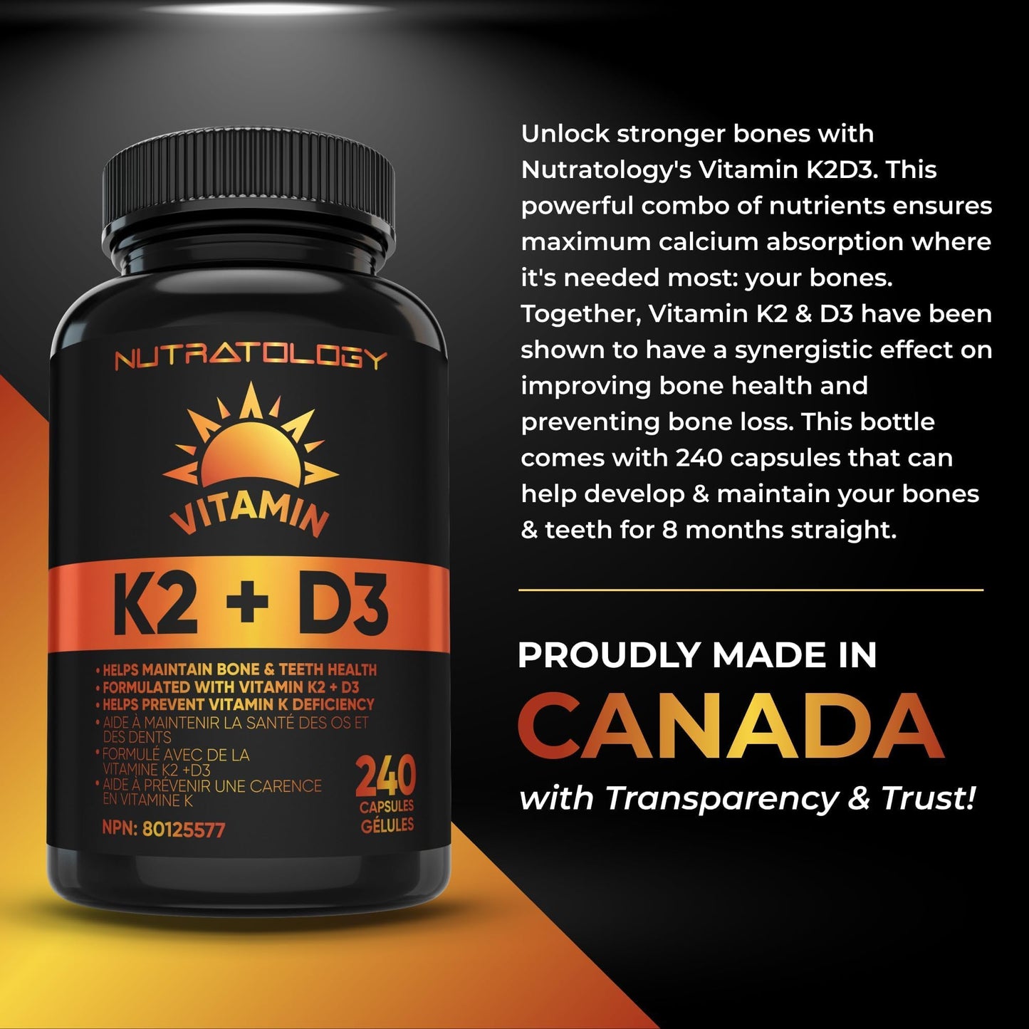 Nutratology® Vitamin K2 + D3 | Canadian-Made | Highest Potency 120MCG/1000 IU - 240 Capsules - Helps Maintain Bone & Teeth Health - Formulated With MK-7 For Best Results - Immune System Support.