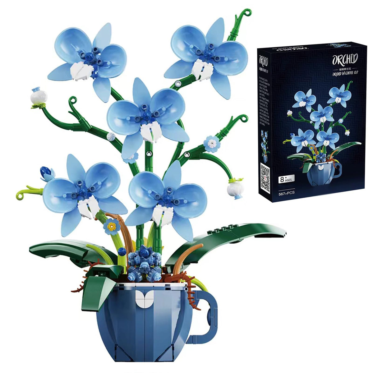 Blue Orchid Flower Building Set for Adults, Coffee Cup Orchid Botanical Collection Plant Building Kit, Home and Office Decor Gift for Christmas, Valentines, Birthday, 567PCS 🍁 All In One Marketplace Canada