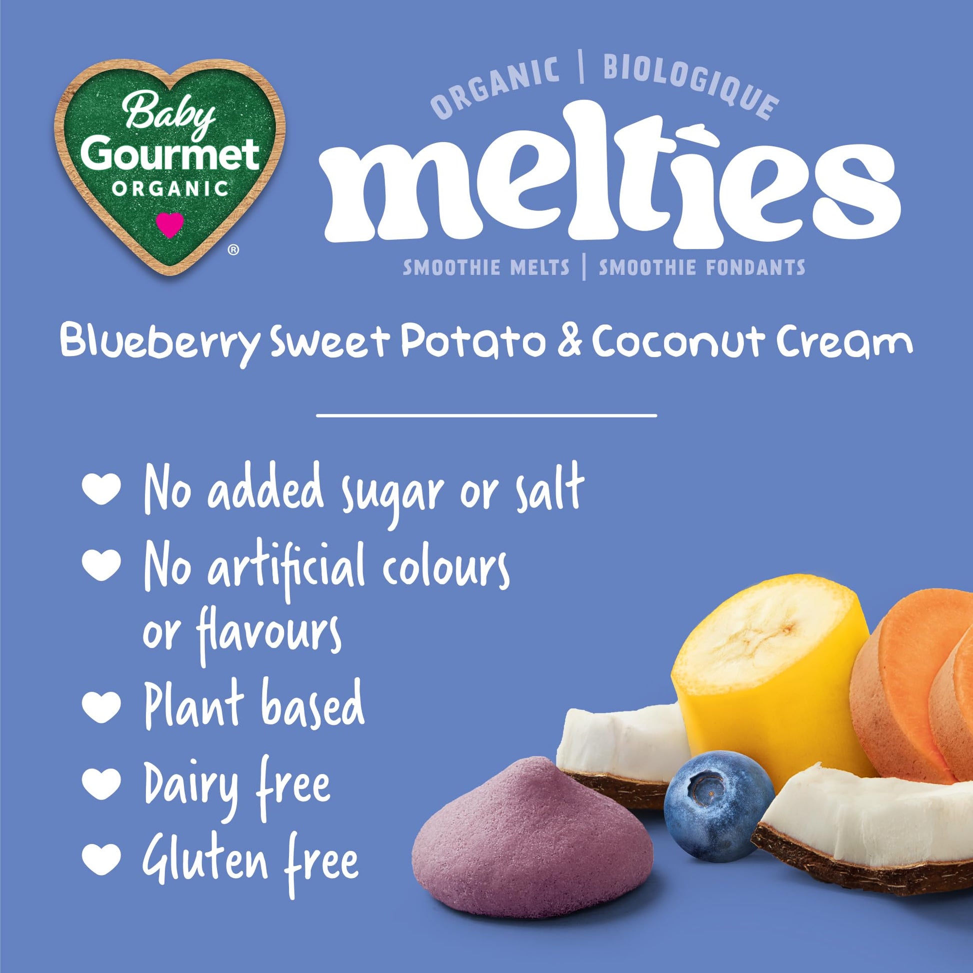 Baby Gourmet Melties, Blueberry, Sweet Potato & Coconut Cream, 23 g Bag (Pack of 8) | 8 Months+ | Meltable Snack for Self-Feeding | Organic | Canadian Brand Baby Gourmet