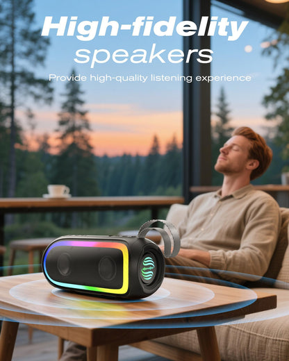Portable Bluetooth Speaker, IPX6 Waterproof 20W HiFi Stereo Sound with Deep Bass 12H Playtime BT 5.2 Wireless TWS 7 Color Lights soundbox for Smartphone/Tablet/PC Apply to Home/Outdoor