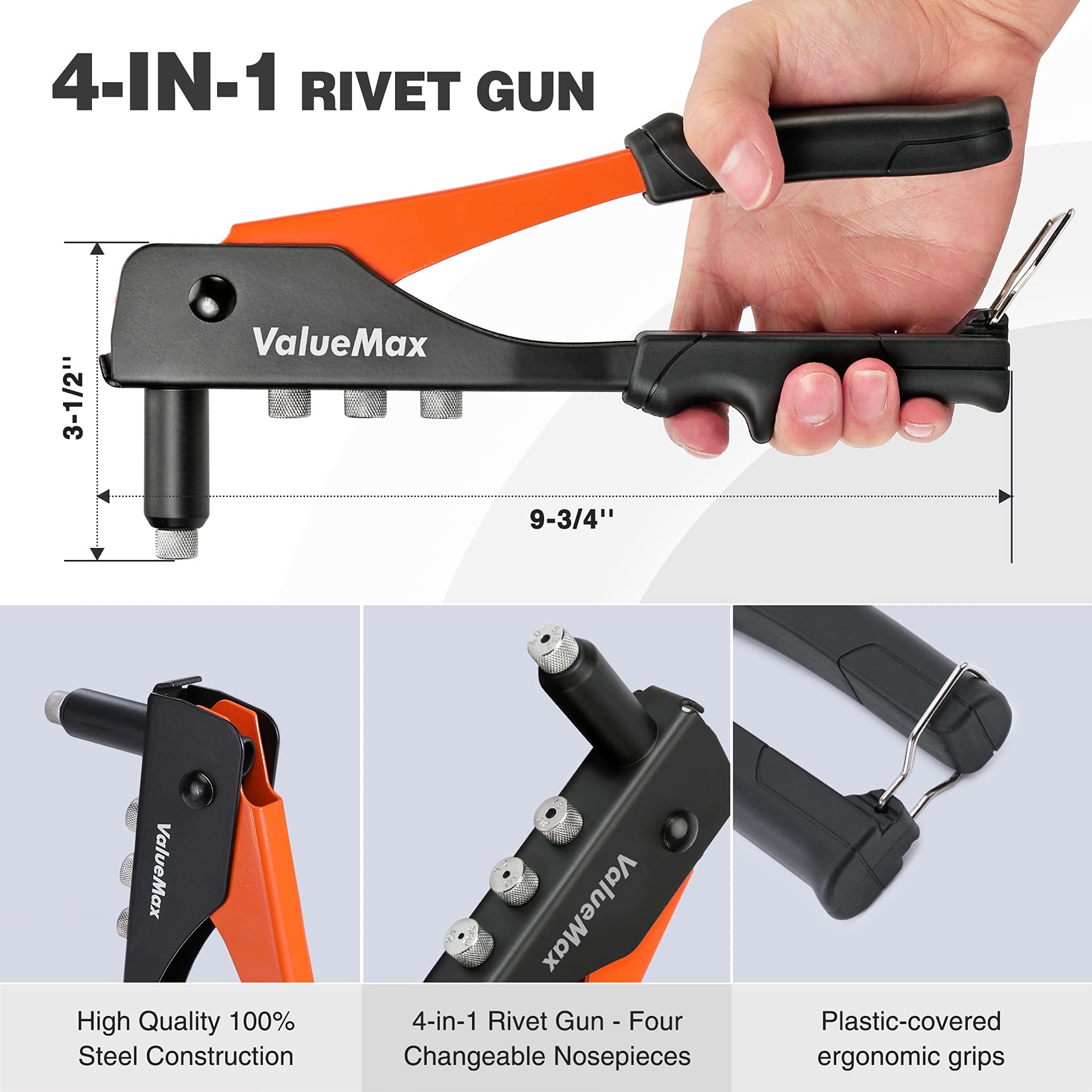 ValueMax 4-in-1 Hand Riveter/Rivet Gun, Pop Rivet Tool Kit with 200 Rivets ValueMax