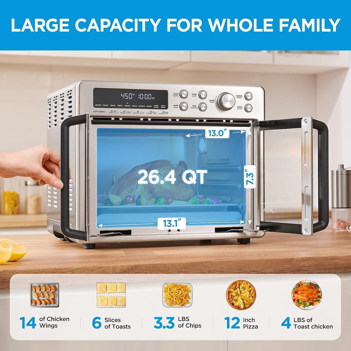 Midea 26.4Qt Air Fryer Toaster Oven, 10-in-1 French Door Combo, 1750W, SS