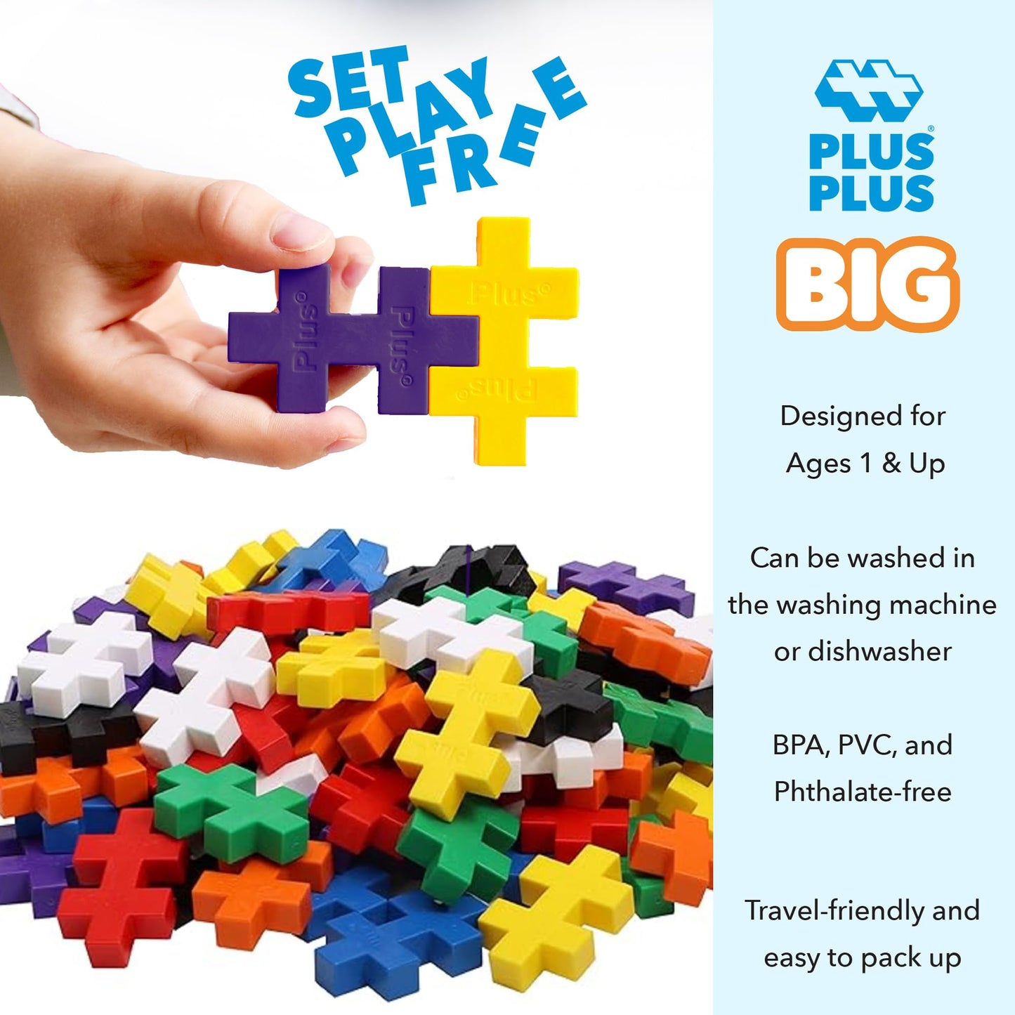 PLUS PLUS - 100 Pcs 30 x 50 mm Big Basic Colors Mix Building Blocks PLUS PLUS
