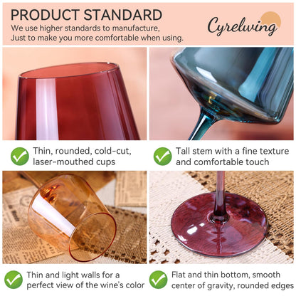 Cyrelwing Colored Wine Glasses Set of 6,Large 16oz Crystal Glasses-Unique Fall&Winter&Christmas Gift Set Her,Wife,Mom,Friend-Colorful Hand Blown Wine Glass Red White Wine Dinner 🍁 All In One Marketplace Canada