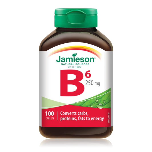 Jamieson Vitamin B6 250 mg, Pyridoxine HCl, Helps Prevent Vitamin B6 Deficiency, Supports Energy Production and Metabolism. Vegetarian, Gluten-Free, 100 Caplets, Proudly Canadian - Available at All In One Marketplace Canada