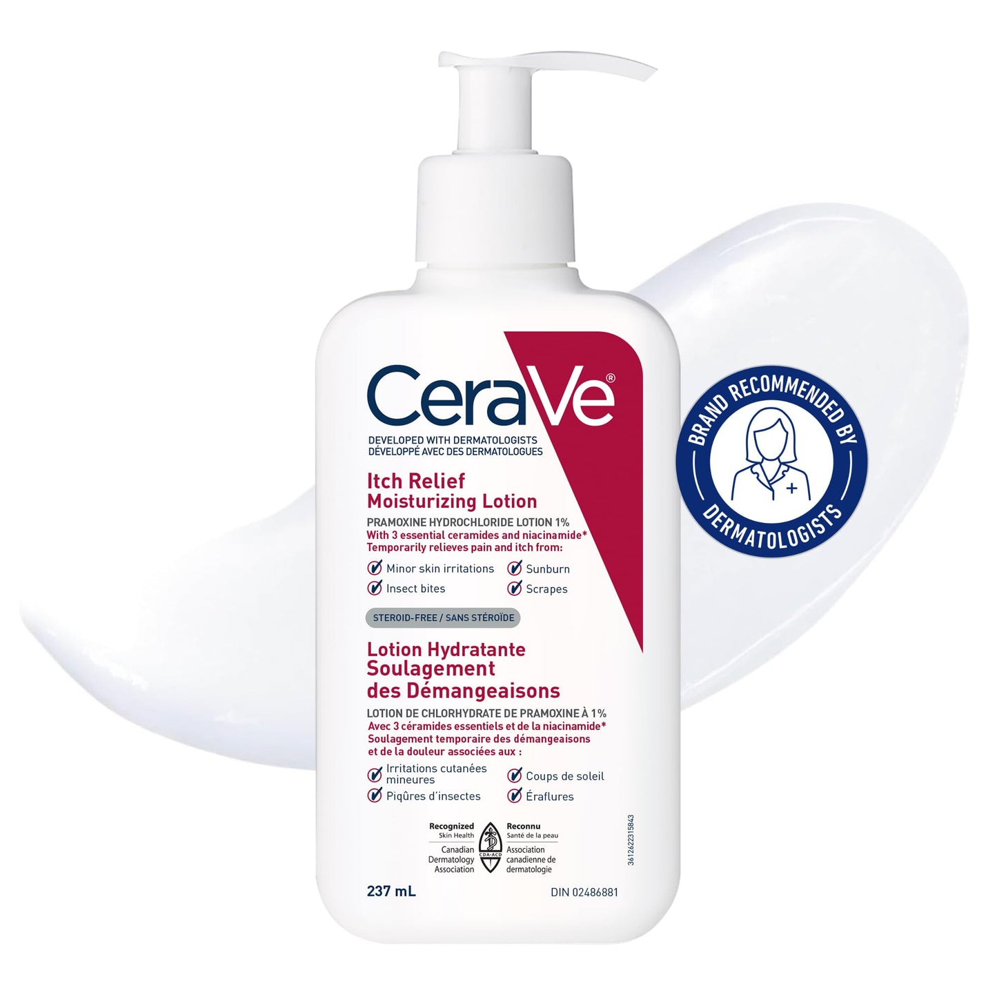 CeraVe Itchy Skin Relief Moisturizing Lotion. For Dry & Eczema-prone skin. Anti-itch cream for minor skin irritations, sunburn relief, insect bug bites & scrapes, 1% Pramoxine. Fragrance Free, 237ML - Available at All In One Marketplace Canada
