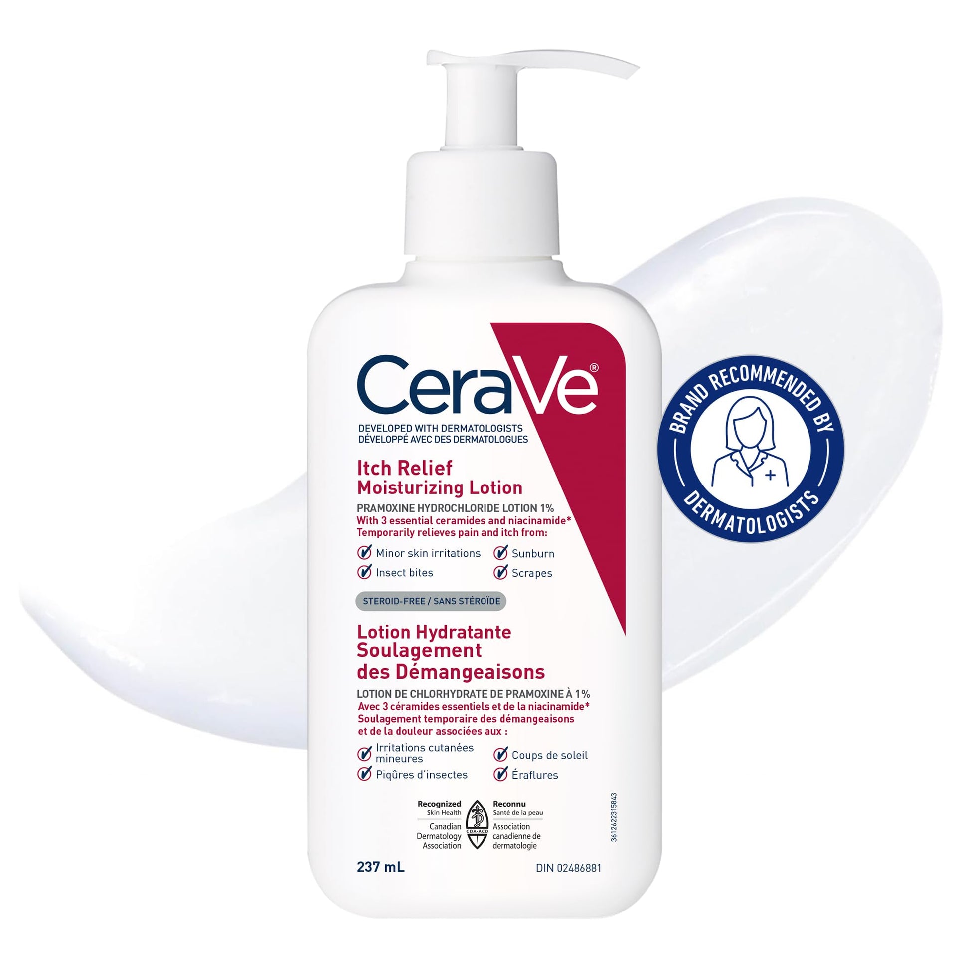 CeraVe Itchy Skin Relief Moisturizing Lotion. For Dry & Eczema-prone skin. Anti-itch cream for minor skin irritations, sunburn relief, insect bug bites & scrapes, 1% Pramoxine. Fragrance Free, 237ML - Available at All In One Marketplace Canada