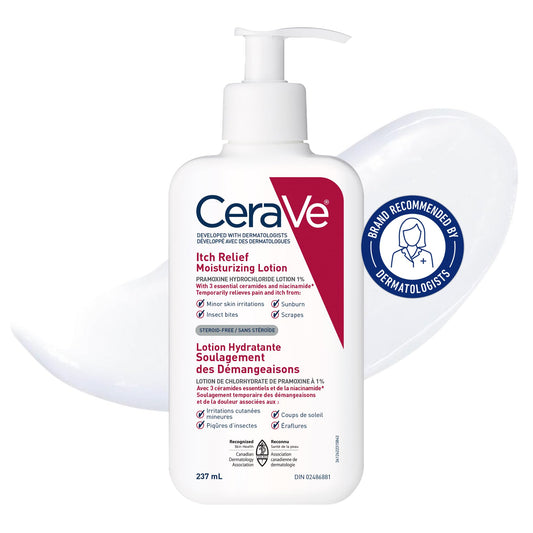 CeraVe Itchy Skin Relief Moisturizing Lotion. For Dry & Eczema-prone skin. Anti-itch cream for minor skin irritations, sunburn relief, insect bug bites & scrapes, 1% Pramoxine. Fragrance Free, 237ML - Available at All In One Marketplace Canada