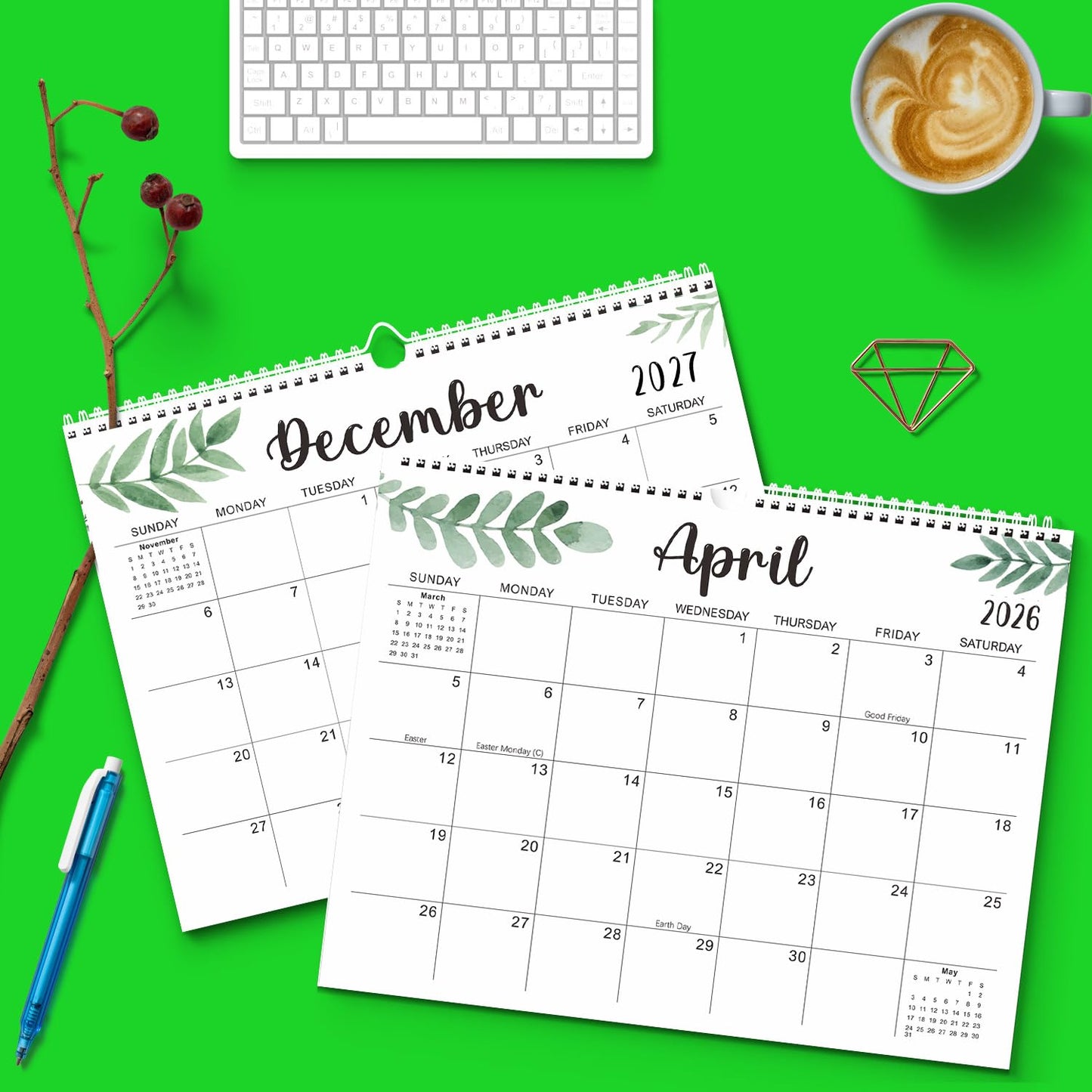 Wall Calendar 2026-2027, 15X12 inch Large Calendar Family Personl Organizer, 21 Months Runs from April 2026 through December 2027, Perfect for Organizing for Office Home (Leaf)