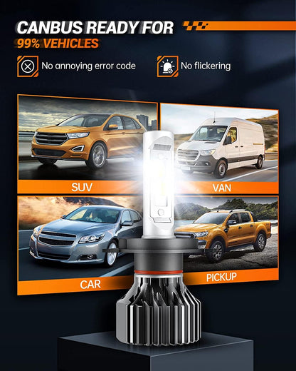 SEALIGHT H4/9003/HB2 LED Headlight Bulbs 50000 Lumens 800% Brightness, X1 Dual High/Low Beam LED Headlights Conversion Kit, 6000K Xenon White, H4 Halogen Replacement, IP67 Waterproof, Pack of 2