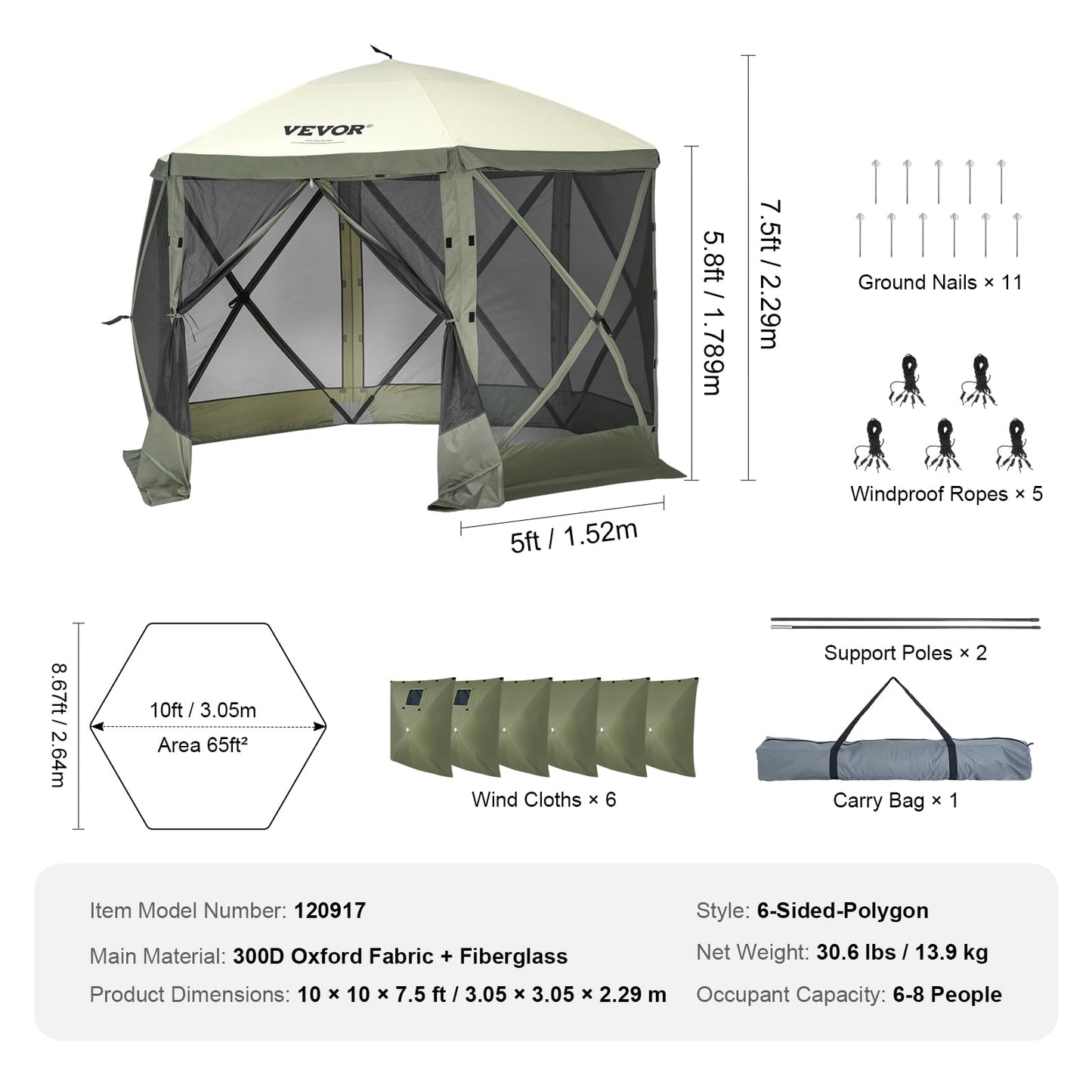 VEVOR Pop Up Gazebo Tent, Pop-Up Screen Tent 6 Sided Canopy Sun Shelter with 6 Removable Privacy Wind Cloths & Mesh Windows, 10x10FT Quick Set Screen with Mosquito Netting, Army Green 🍁 All In One Marketplace Canada