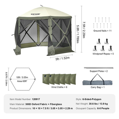 VEVOR Pop Up Gazebo Tent, Pop-Up Screen Tent 6 Sided Canopy Sun Shelter with 6 Removable Privacy Wind Cloths & Mesh Windows, 10x10FT Quick Set Screen with Mosquito Netting, Army Green 🍁 All In One Marketplace Canada